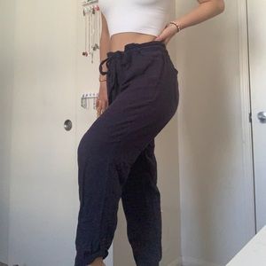 Navy blue linen paper bag drawstring waist pants